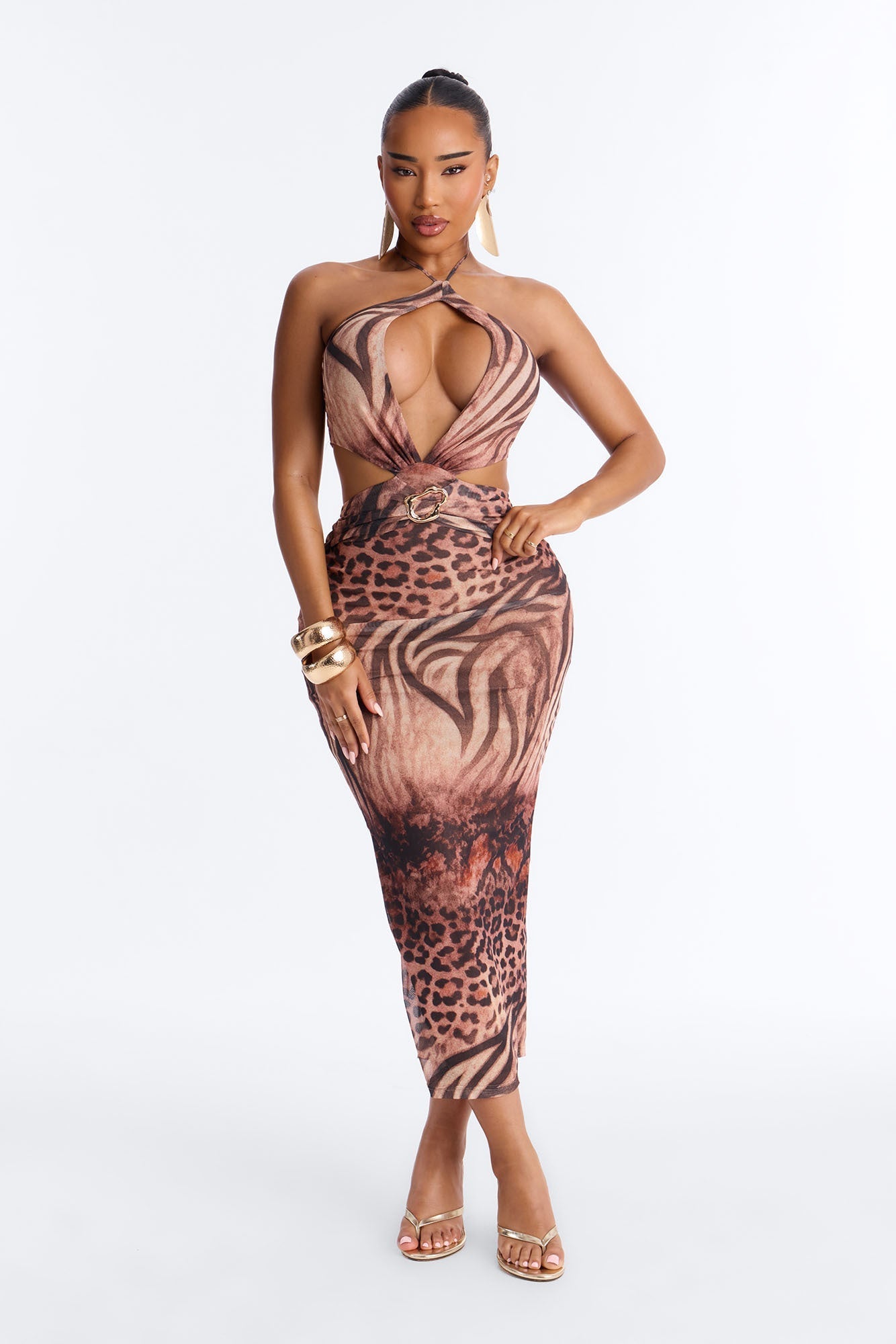 On The Prowl Mesh Maxi Dress - Brown/combo NEWFASHIONEDGE