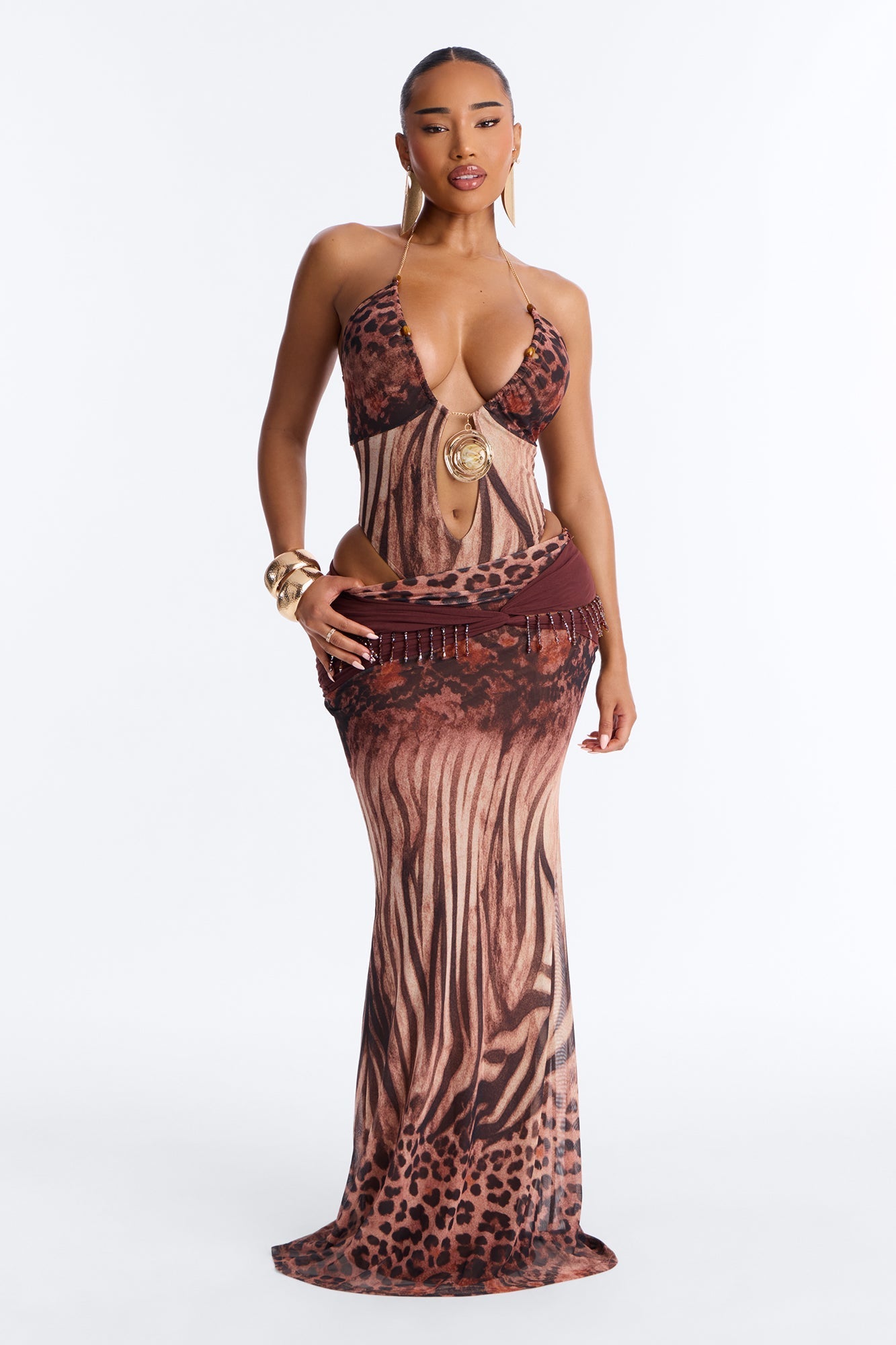 Marissa Hardware Maxi Skirt Set - Brown/combo NEWFASHIONEDGE