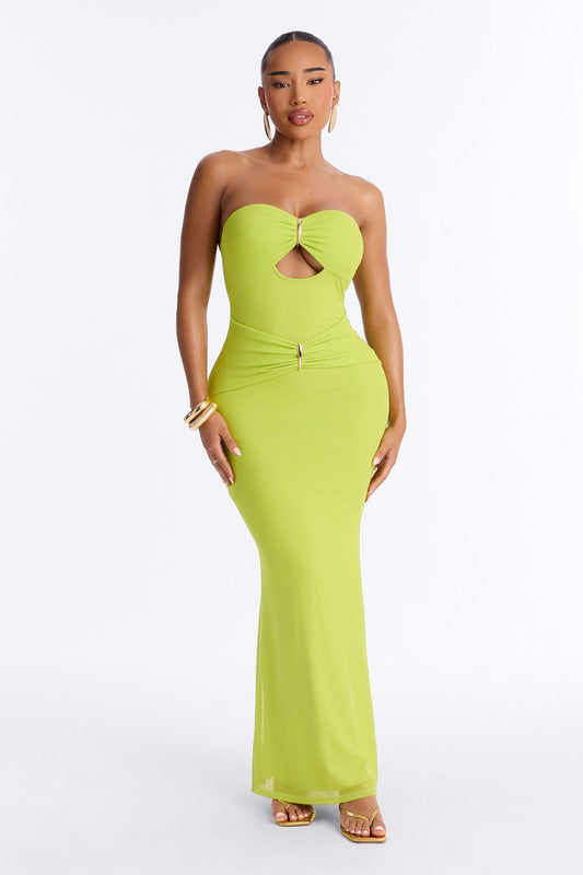 Tropical Bliss Solid Cut Out Mesh Maxi Dress - Chartreuse