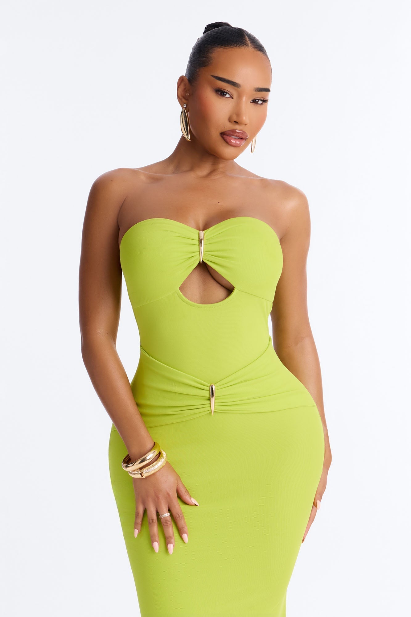 Tropical Bliss Solid Cut Out Mesh Maxi Dress - Chartreuse