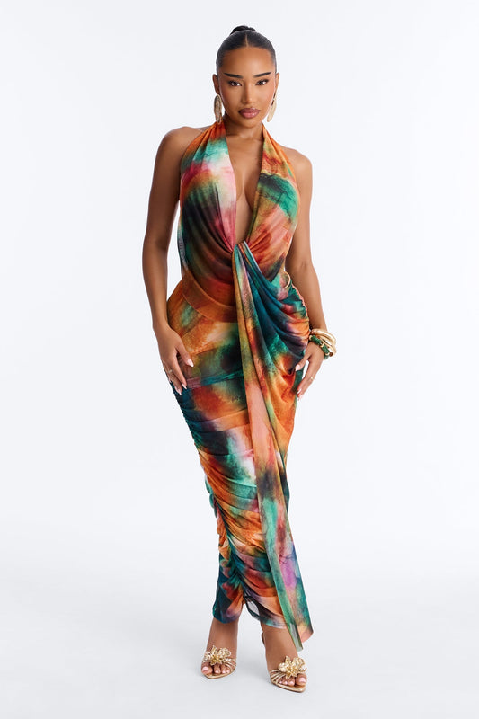 Beach Bombshell Draped Mesh Maxi Dress - Multi Color