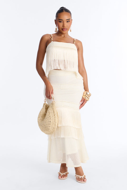Sweet Reflections Crochet Fringe Trim Maxi Skirt Set - Cream