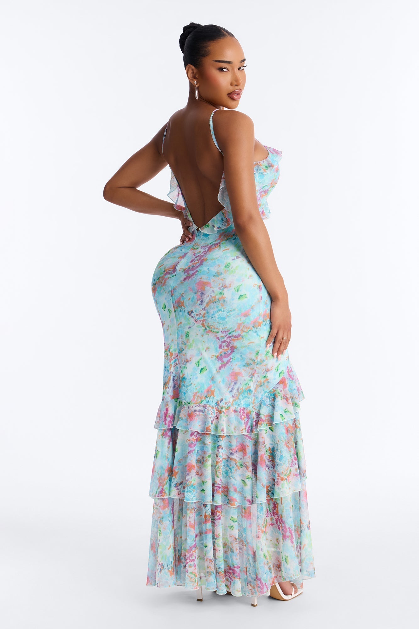 Dylan Ruffle Floral Mesh Maxi Dress - Blue/combo NEWFASHIONEDGE