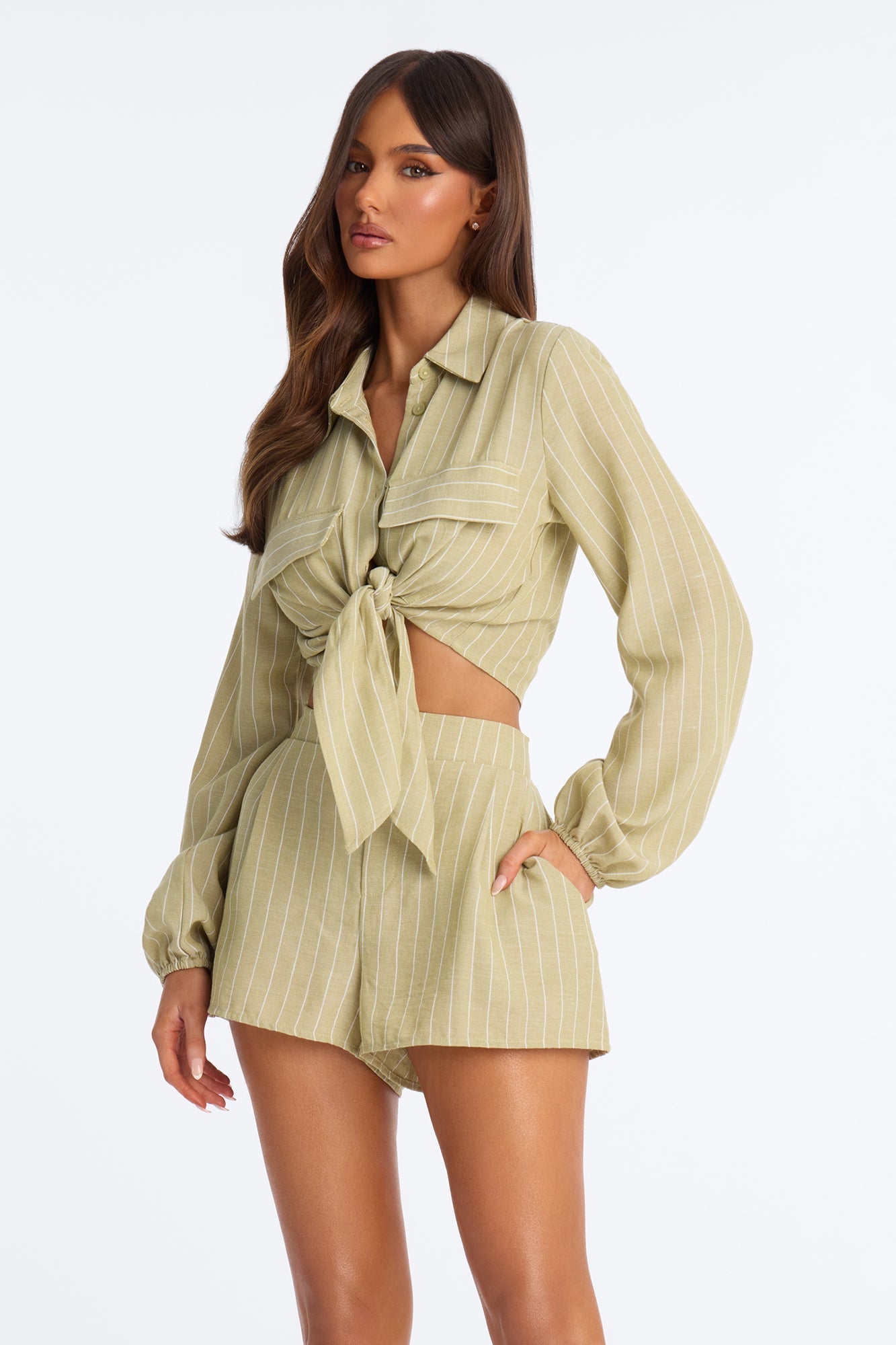 Kat Linen Button Up Short Set - Sage Fashion Nova