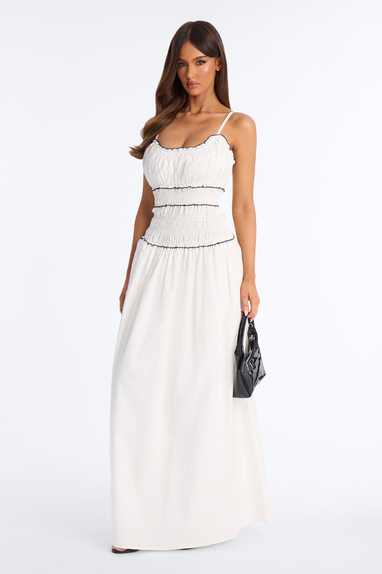 Coastal Breeze Ruched Maxi Dress - White/Black NEWFASHIONEDGE