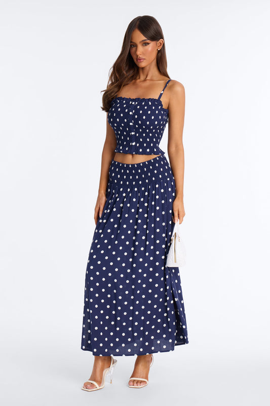 Sasha Satin Polka Dot Maxi Skirt Set - Navy/combo Fashion Nova