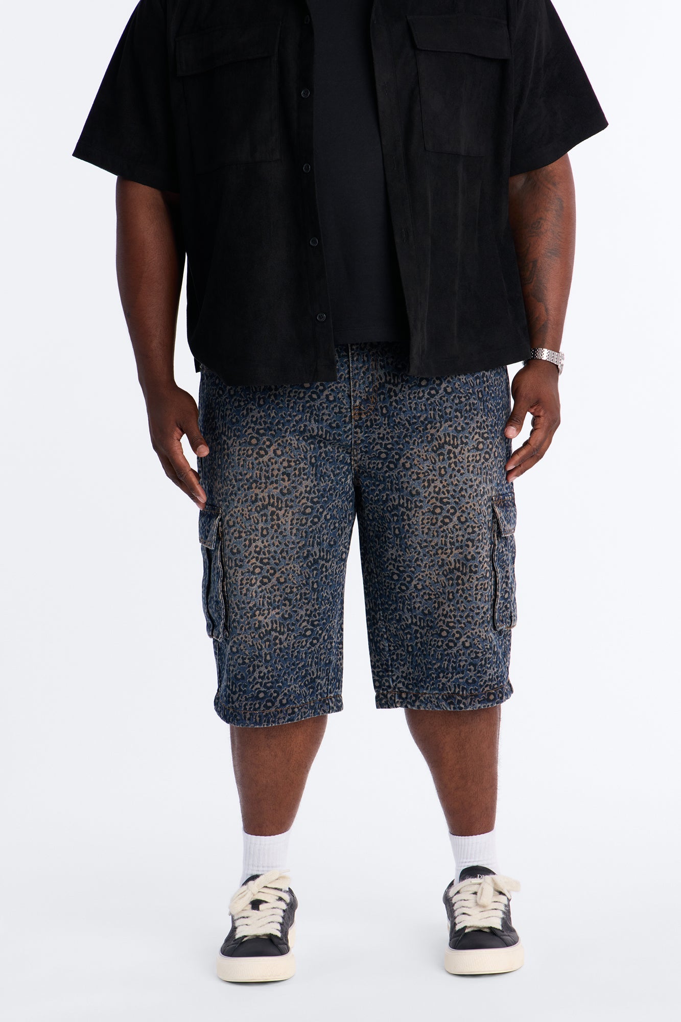 Snow Leopard Dusk Baggy Cargo Denim Short - Dark Wash