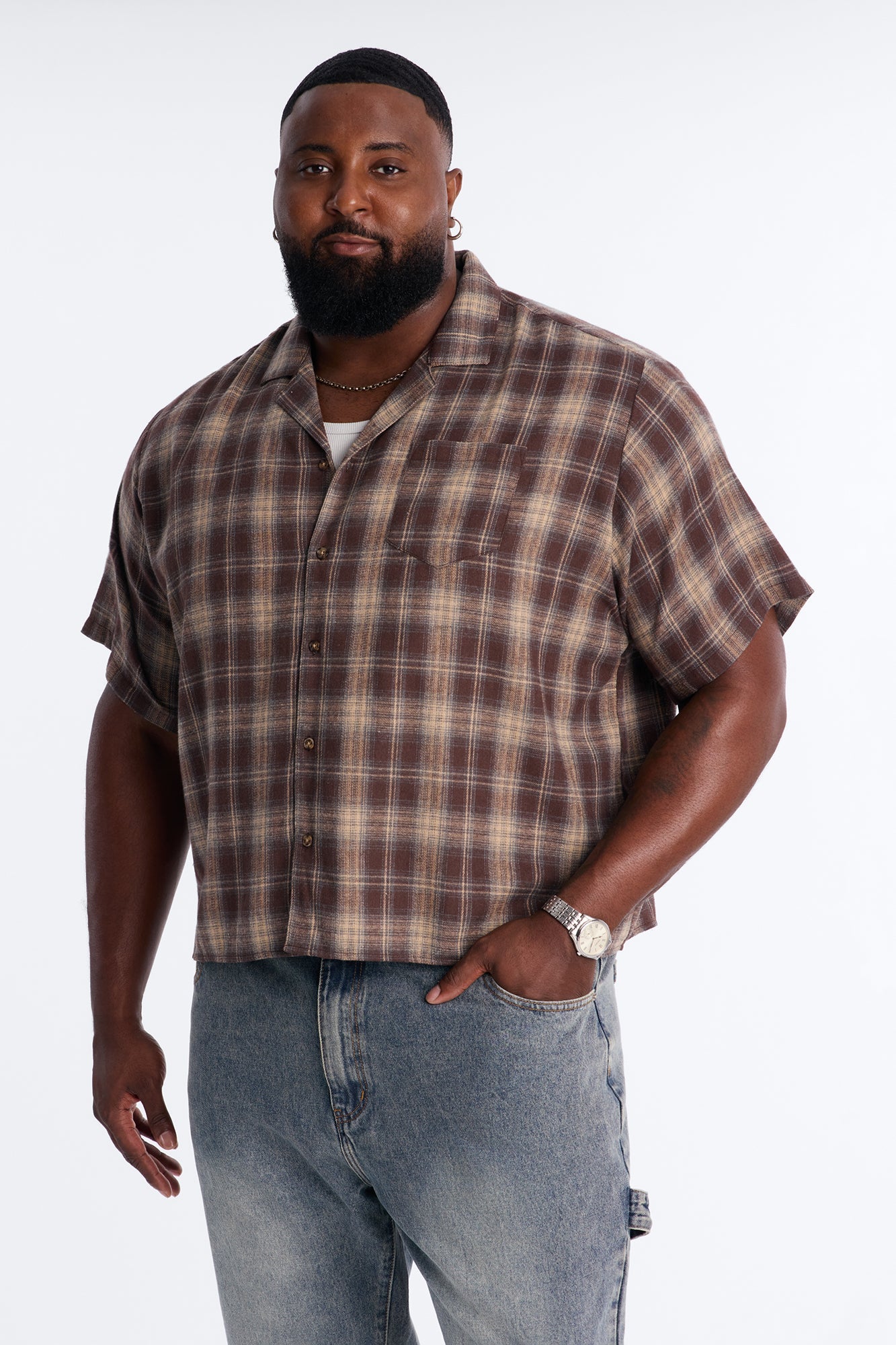 Your Weekend Plaid Cuban Collar Button Up Shirt - Brown