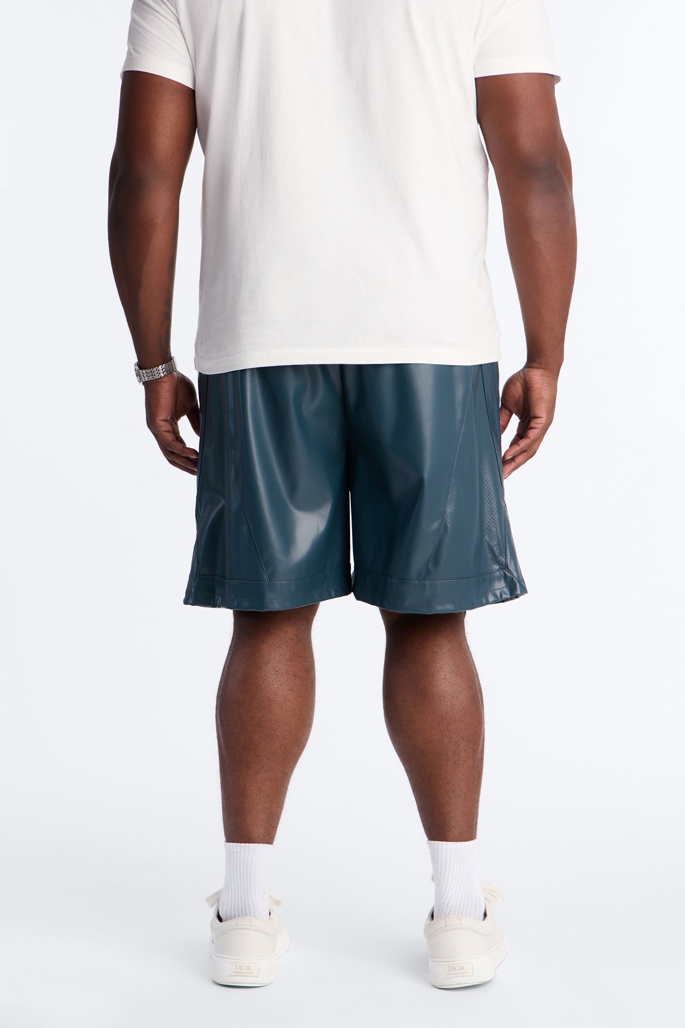 Relaxed Perforated Faux Leather Short - Navy