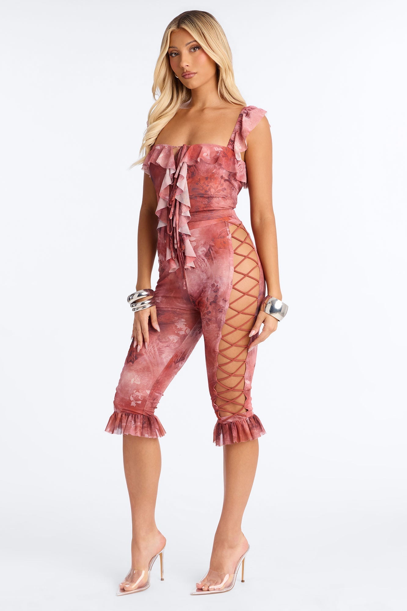 Rosalie Ruffled Mesh Capri Set - Marsala NEWFASHIONEDGE