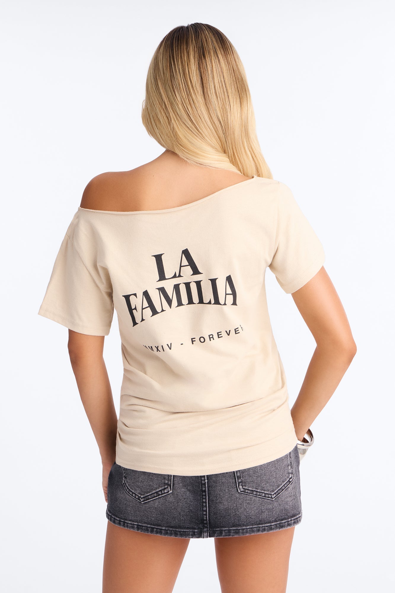 La Familia Forever Virgin Mary Off Shoulder Top - Sand NEWFASHIONEDGE