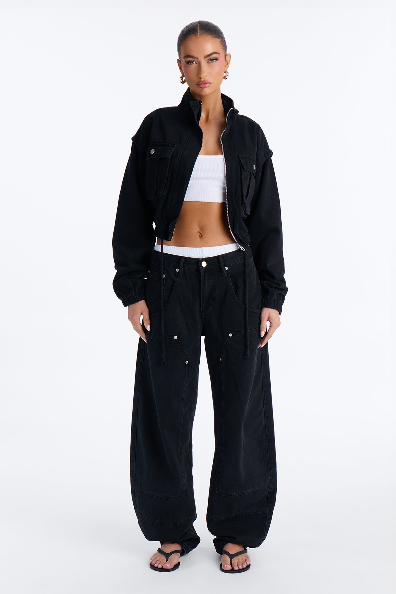 Living On Edge Cropped Denim Bomber Jacket - Black Wash NEWFASHIONEDGE
