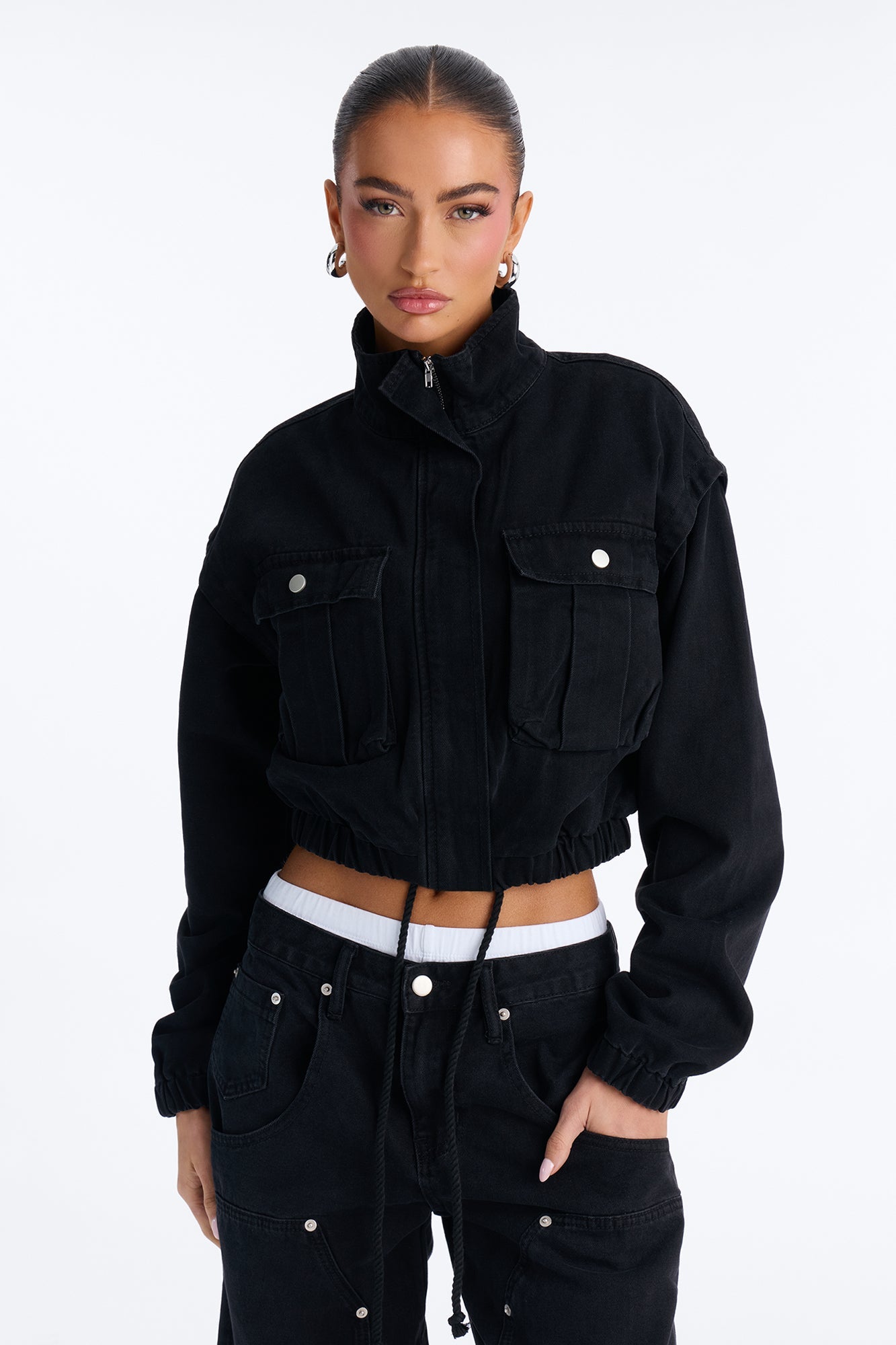 Living On Edge Cropped Denim Bomber Jacket - Black Wash NEWFASHIONEDGE