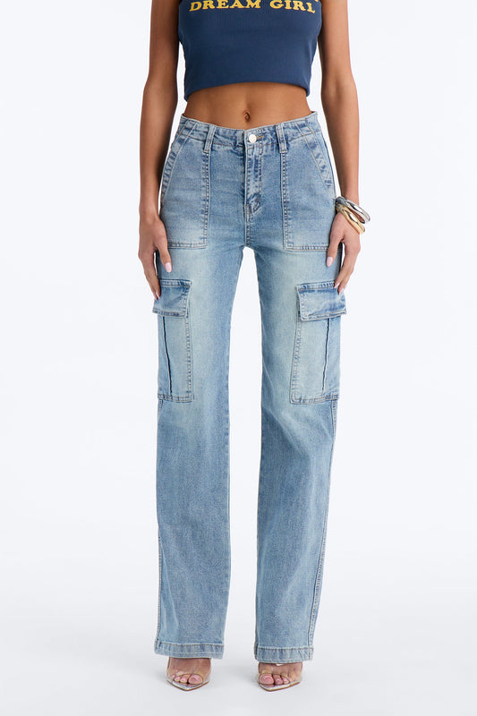 Break Bad Habits Cargo Straight Leg Jeans - Light Wash