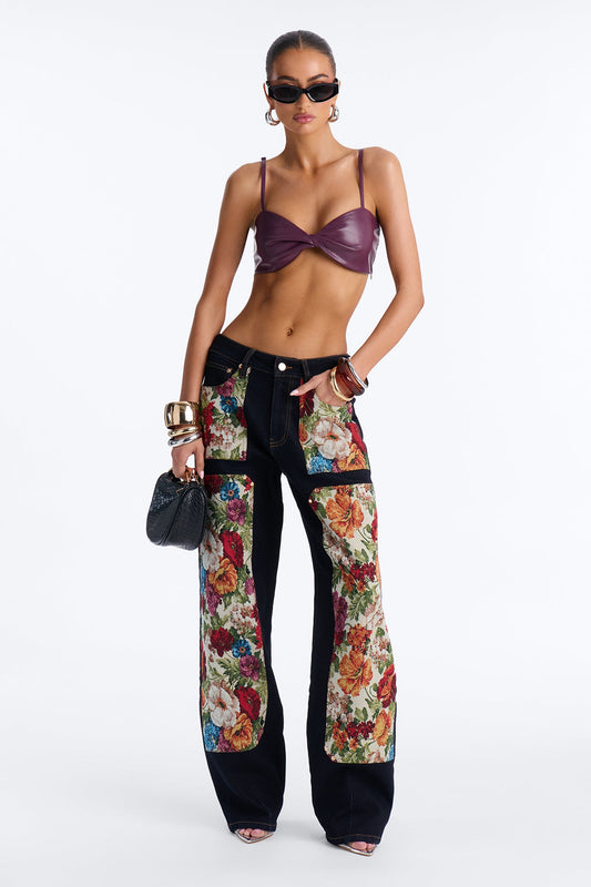 Heirloom Bloom Tapestry Utility Straight Leg Jeans - Dark Denim