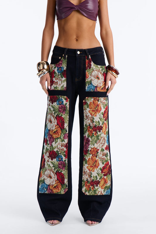 Heirloom Bloom Tapestry Utility Straight Leg Jeans - Dark Denim NEWFASHIONEDGE