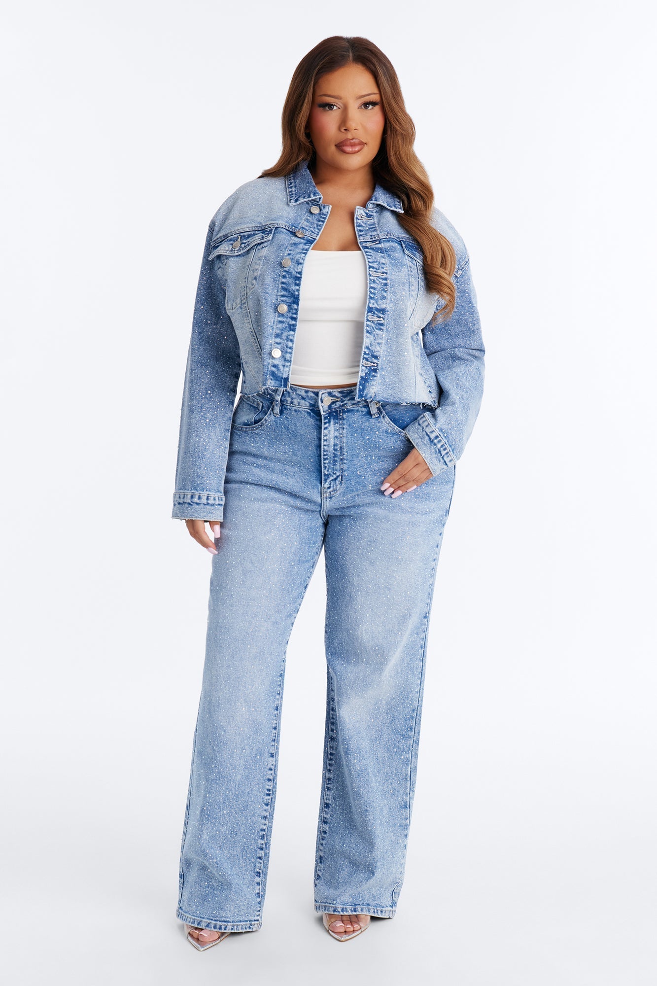 Spotlight Status Rhinestone Denim Pant Set - Light Wash NEWFASHIONEDGE