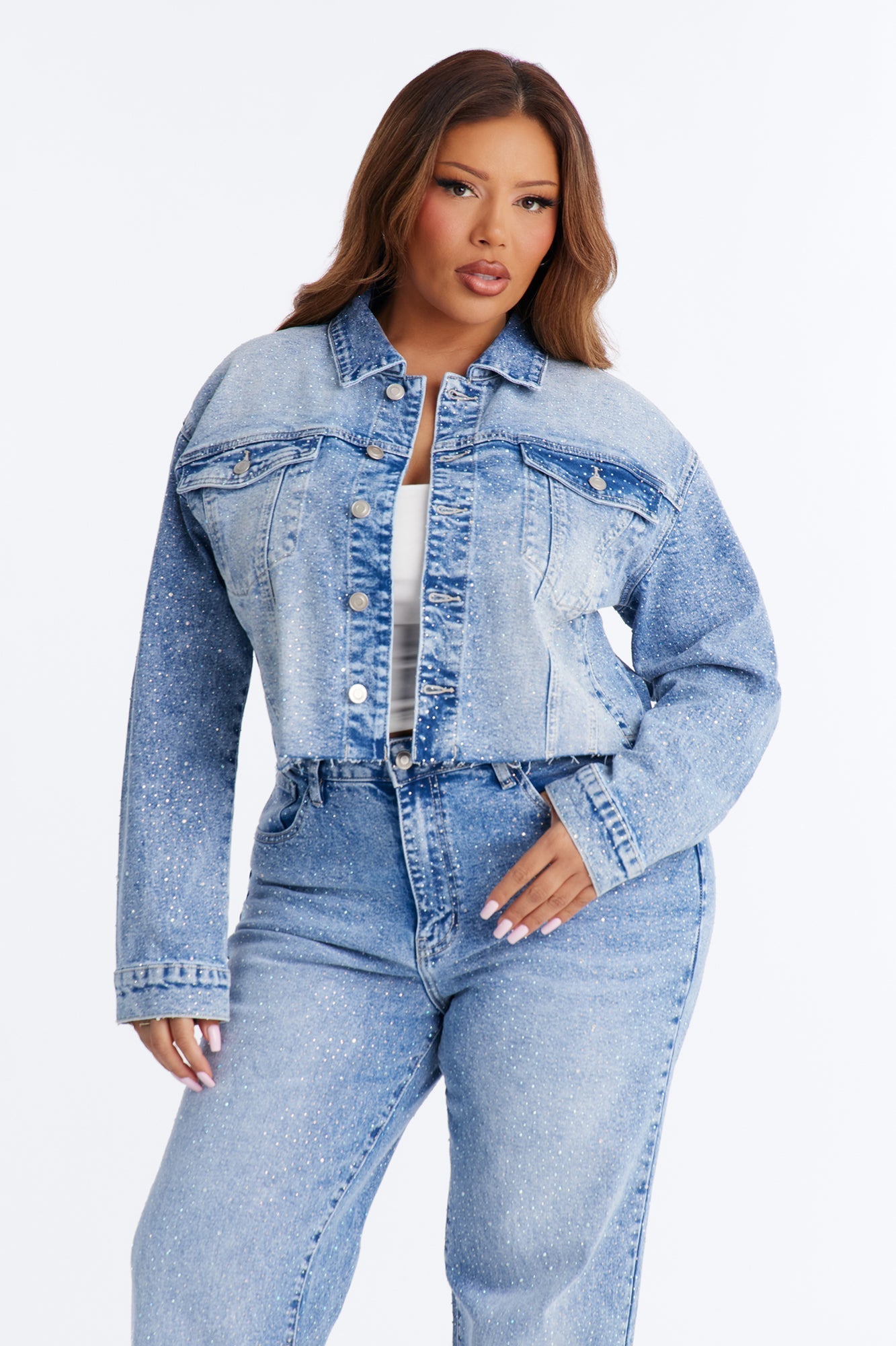Spotlight Status Rhinestone Denim Pant Set - Light Wash NEWFASHIONEDGE
