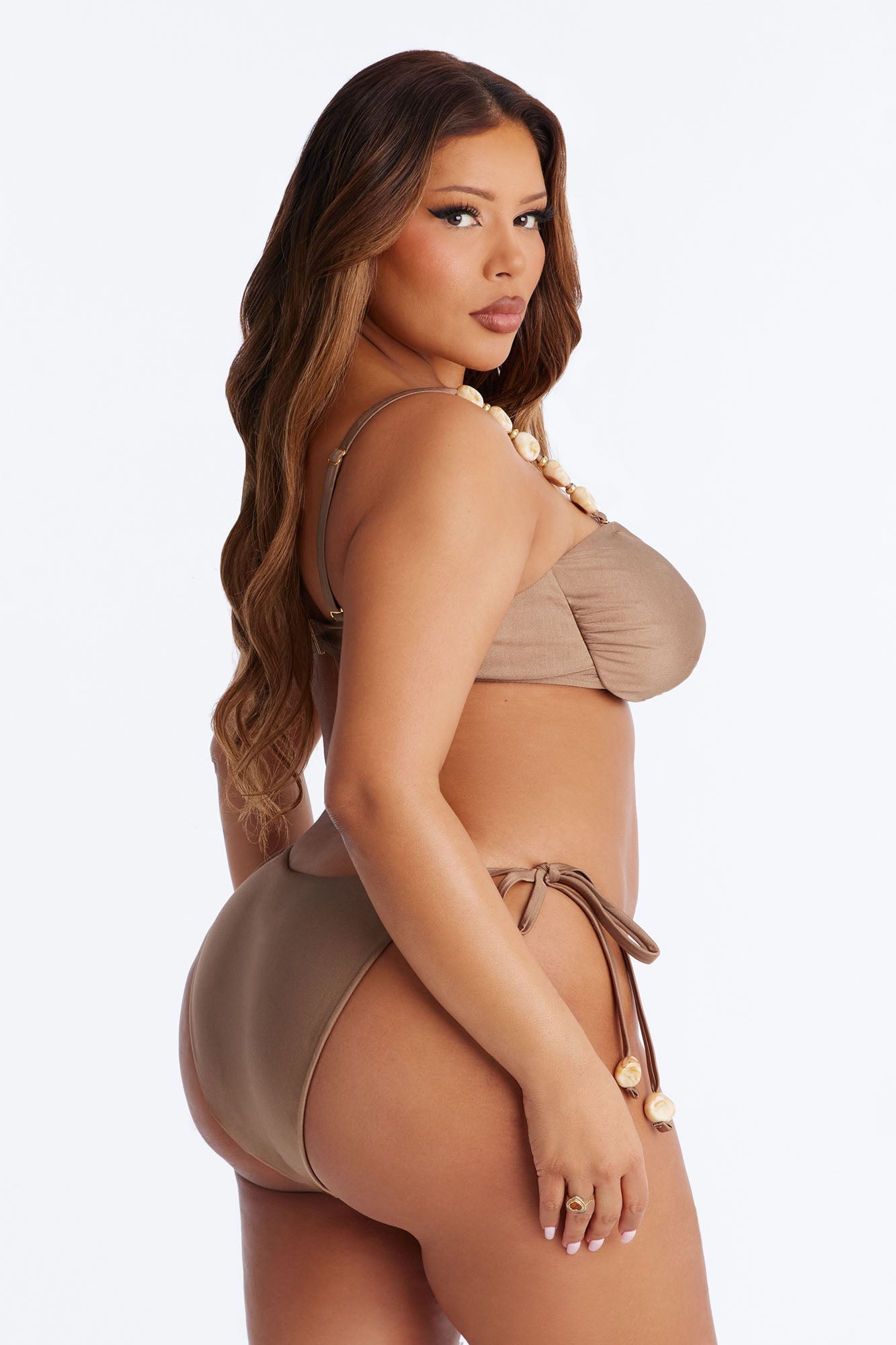 Taryn 2 Piece Beaded Bandeau Bikini Set - Brown NEWFASHIONEDGE