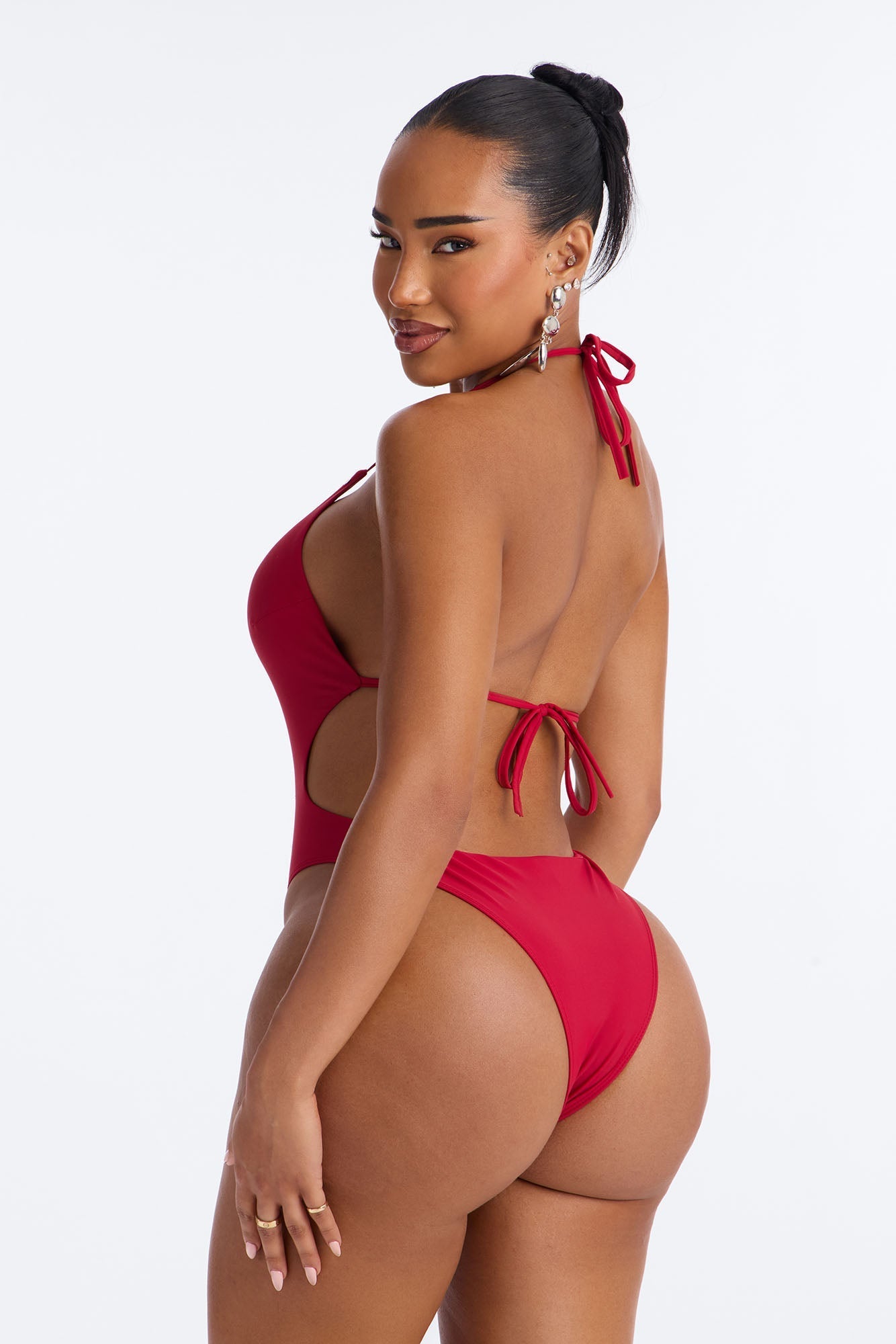 Miami Beat Studded 1 Piece Halter Cut Out Swimsuit - DarkRed NEWFASHIONEDGE