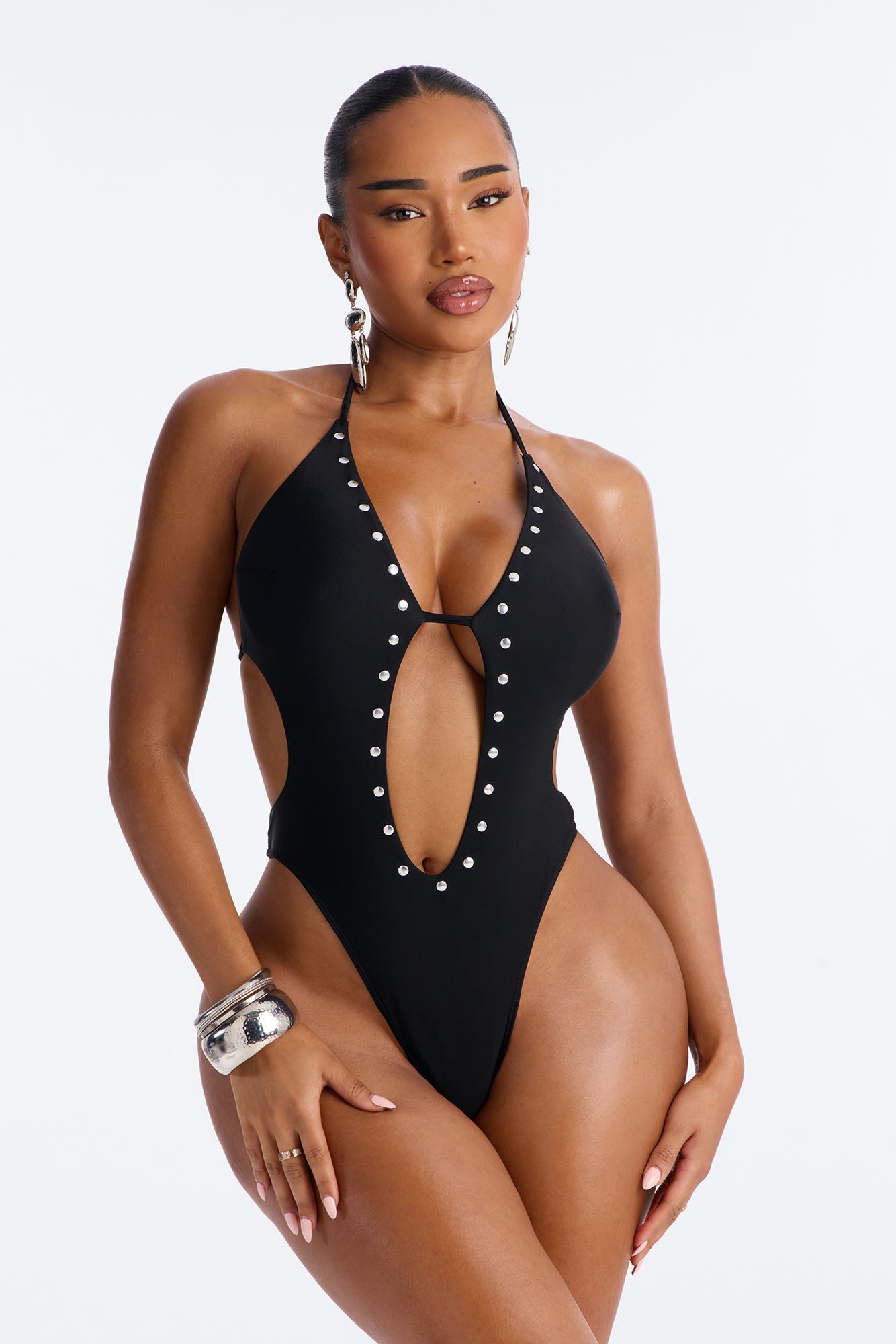 Miami Beat Studded 1 Piece Halter Cut Out Swimsuit - Black NEWFASHIONEDGE