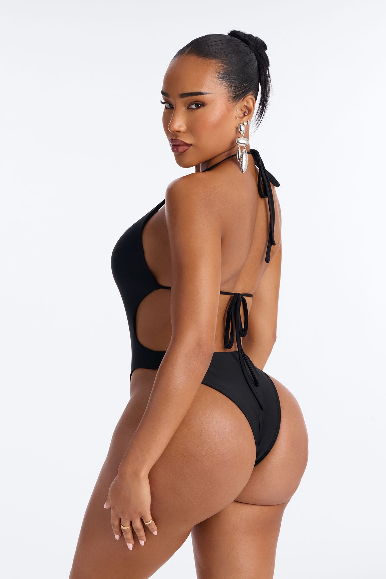Miami Beat Studded 1 Piece Halter Cut Out Swimsuit - Black