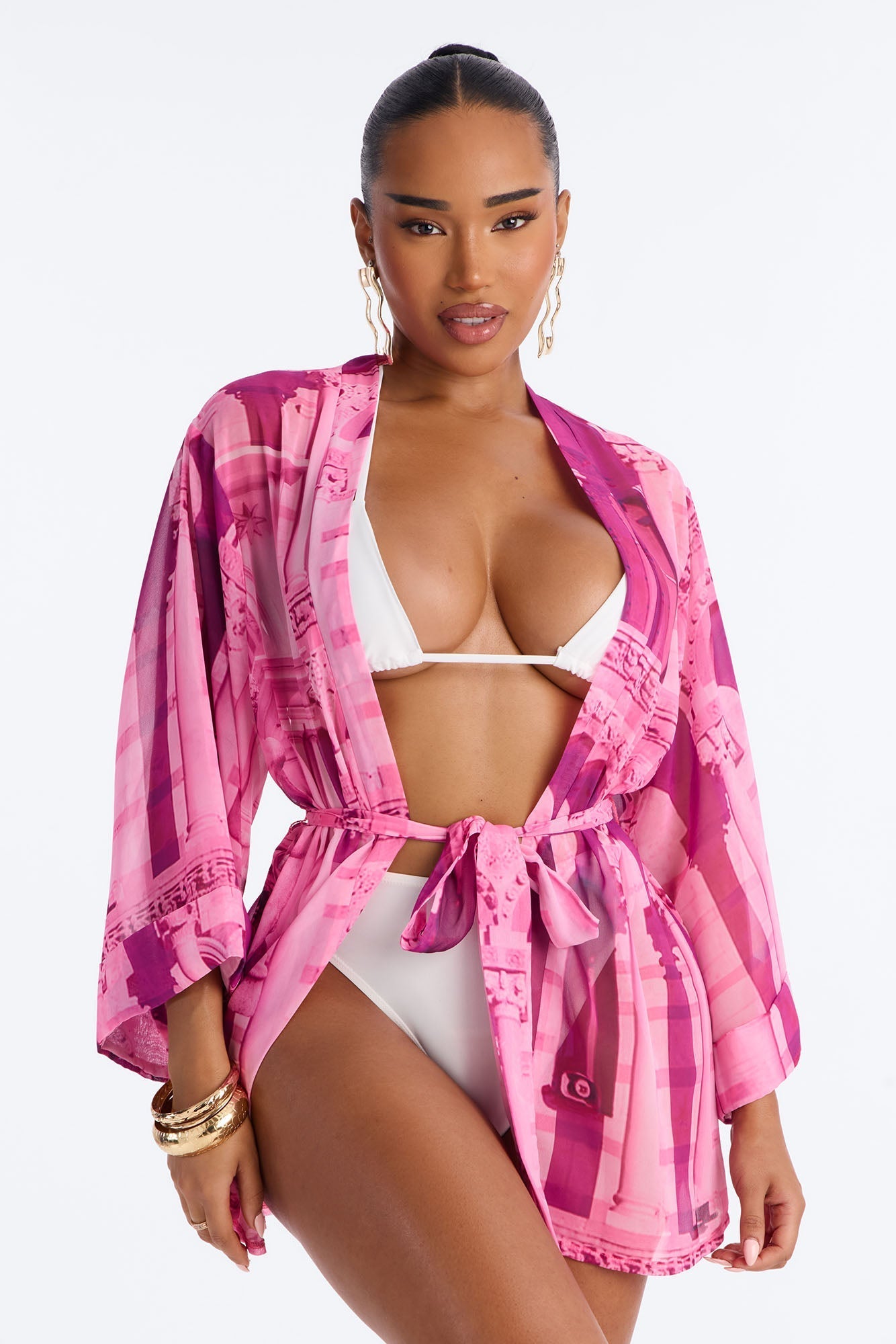 Enjoy The Waves Novelty Swim Cover Up Kimono - Pink NEWFASHIONEDGE