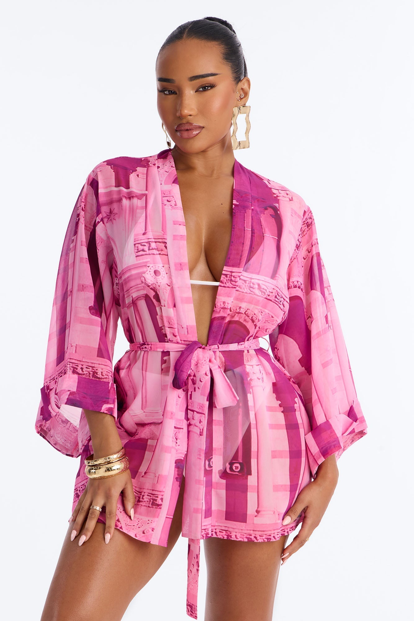 Enjoy The Waves Novelty Swim Cover Up Kimono - Pink NEWFASHIONEDGE