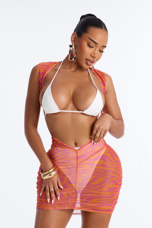 Wild Stripe Deep V-Neck Swim Cover Up Mini Dress - Pink/combo NEWFASHIONEDGE