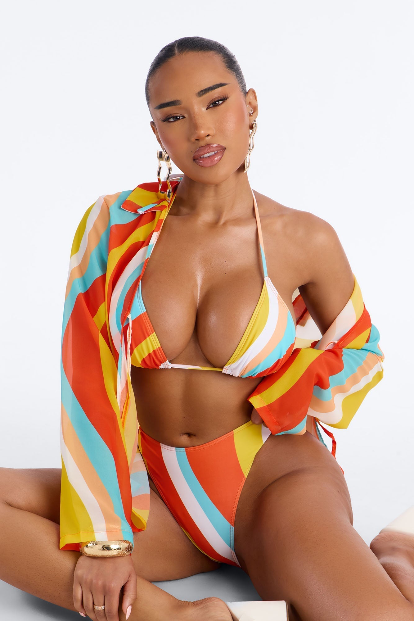 Desert Oasis Striped Triangle Bikini Mesh Shirt Cover Up Set - Orange/combo NEWFASHIONEDGE