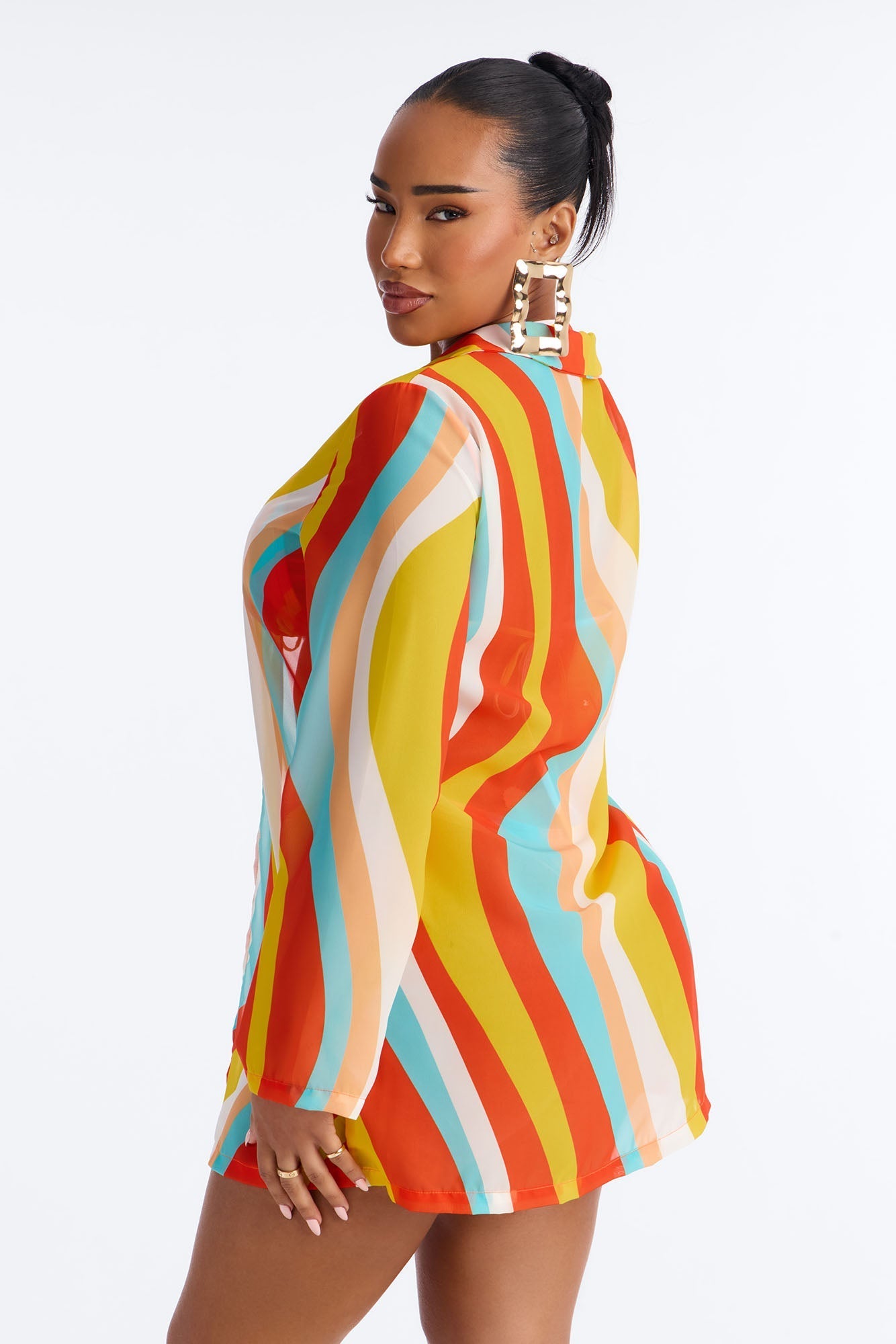 Desert Oasis Striped Triangle Bikini Mesh Shirt Cover Up Set - Orange/combo NEWFASHIONEDGE