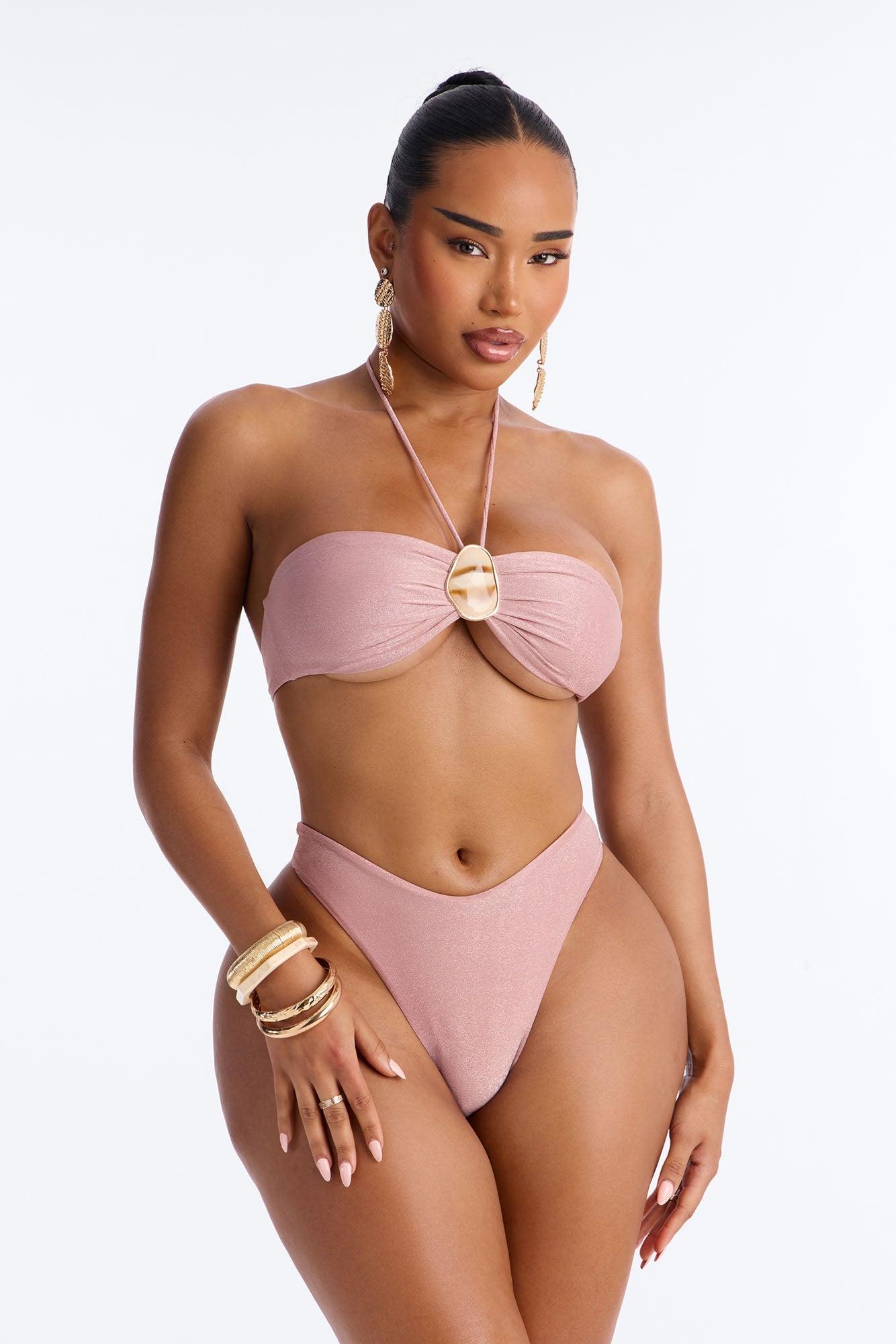 See Me Shimmer Hardware High Slit 3 Piece Bikini Skirt Set - Rose NEWFASHIONEDGE