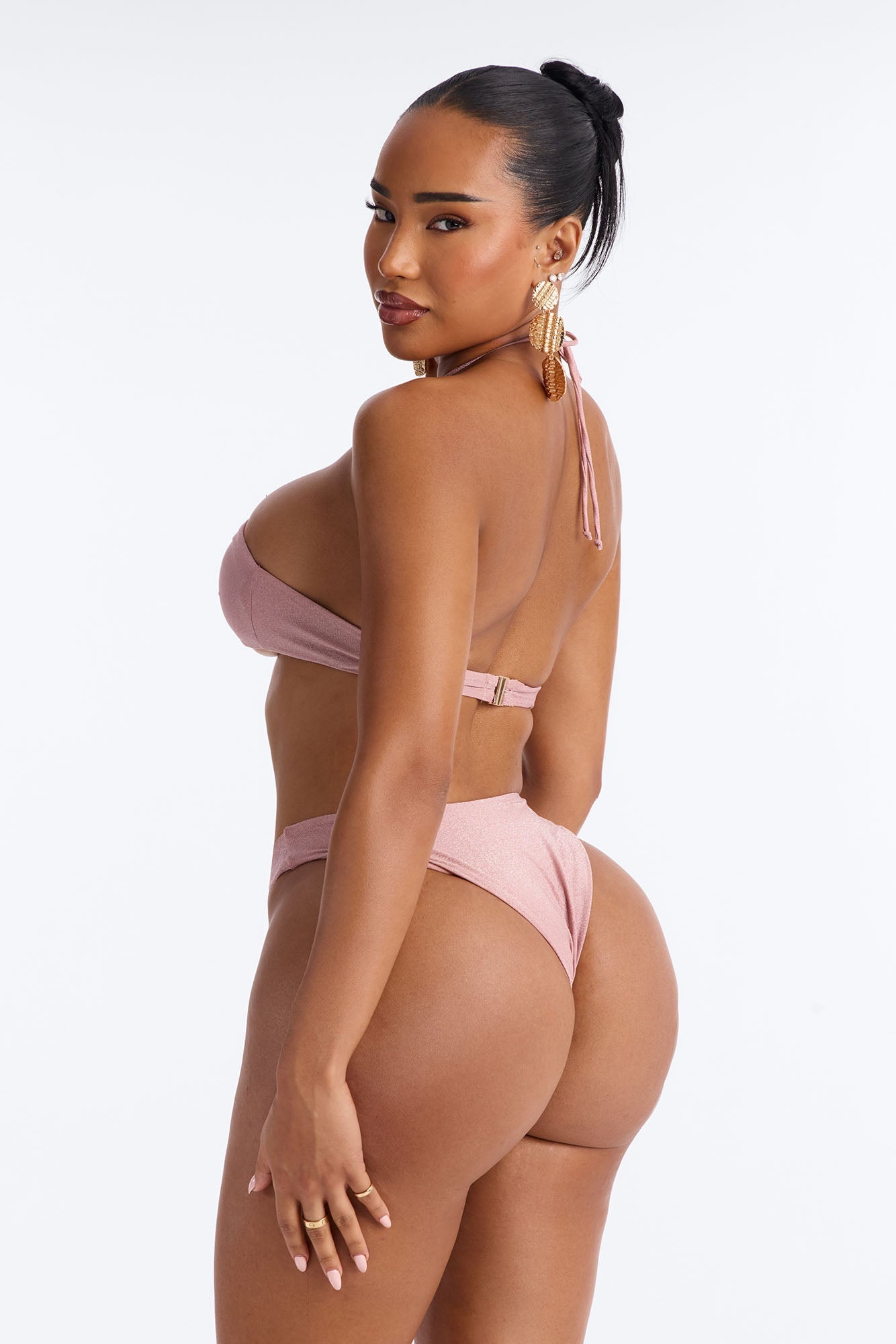 See Me Shimmer Hardware High Slit 3 Piece Bikini Skirt Set - Rose NEWFASHIONEDGE