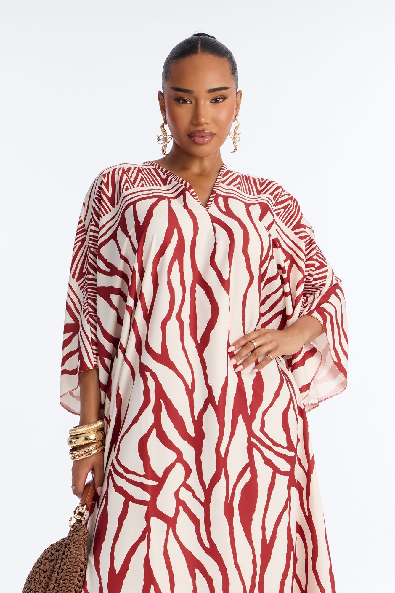 Wave Whispers Swim Cover Up Kaftan Dress - Brown/combo NEWFASHIONEDGE
