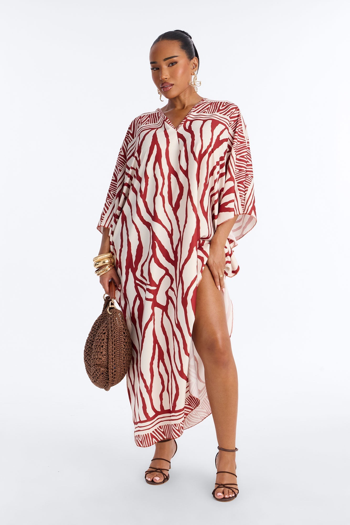 Wave Whispers Swim Cover Up Kaftan Dress - Brown/combo NEWFASHIONEDGE
