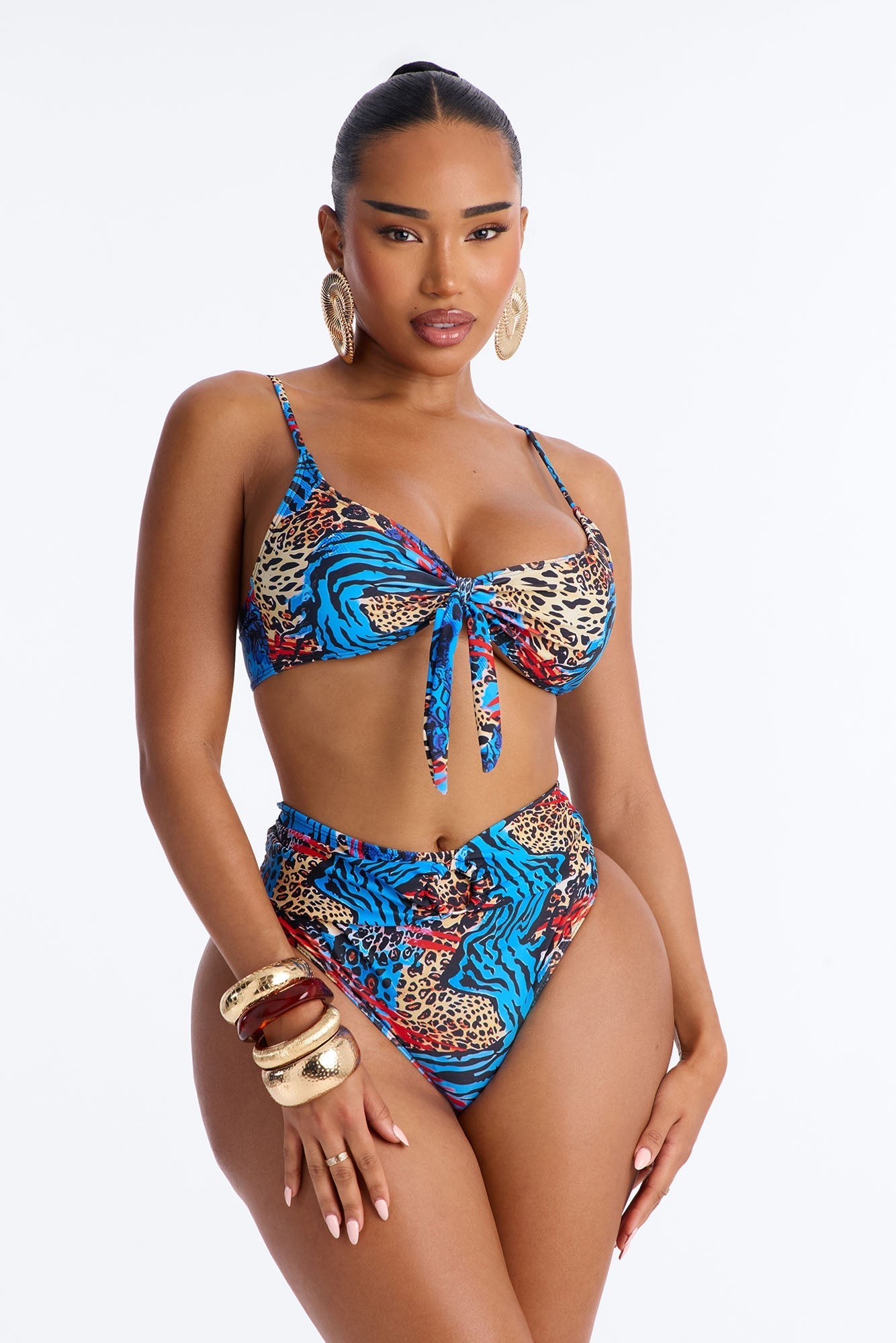 Unstoppable Wild Paradise Animal Front Tie Ruching High Waist Midi 3 Piece Bikini Komono Set - Blue/combo NEWFASHIONEDGE