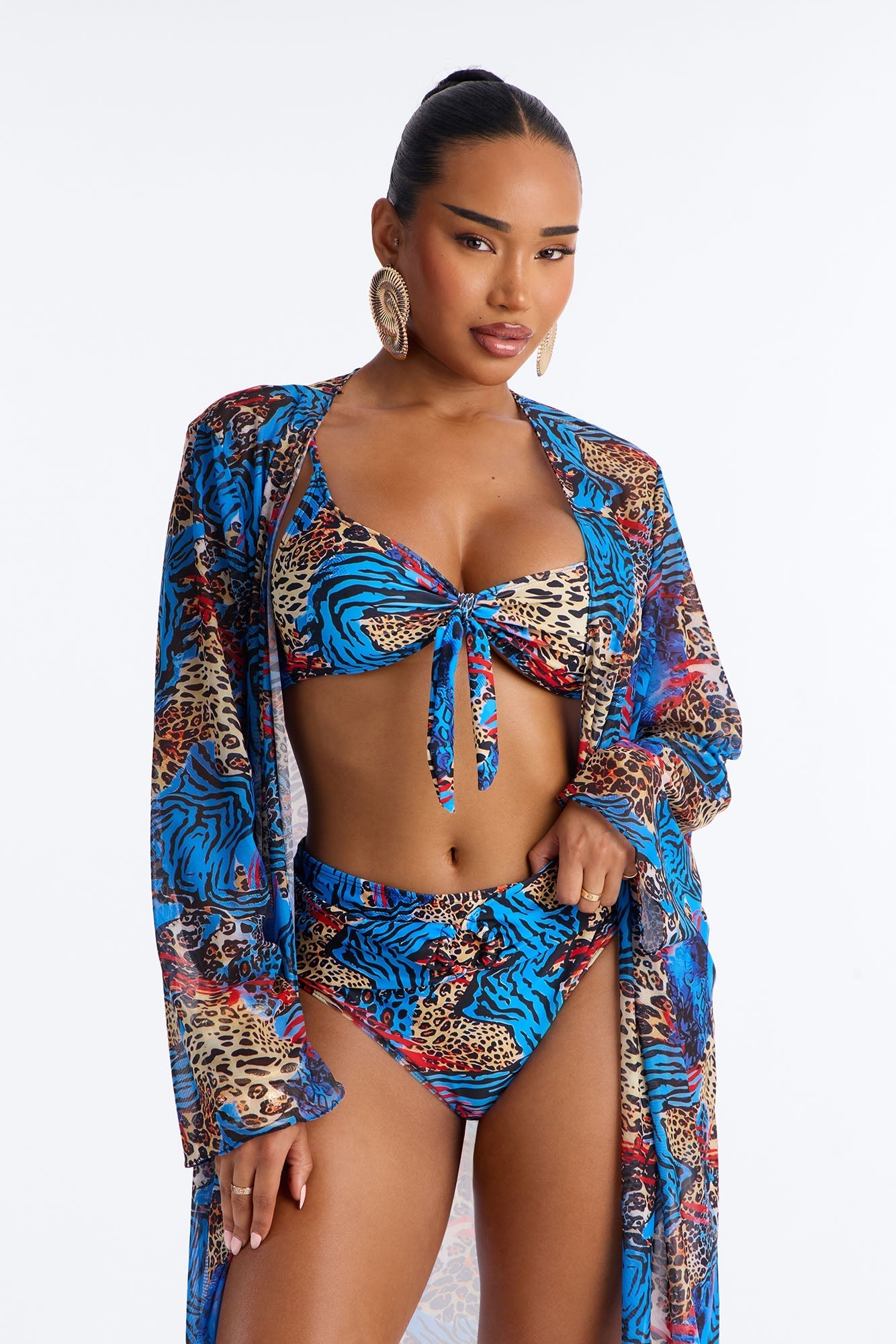 Unstoppable Wild Paradise Animal Front Tie Ruching High Waist Midi 3 Piece Bikini Komono Set - Blue/combo NEWFASHIONEDGE