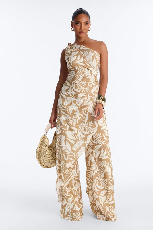 Ziana Beaded Draped Sleeveless Jumpsuit - Tan
