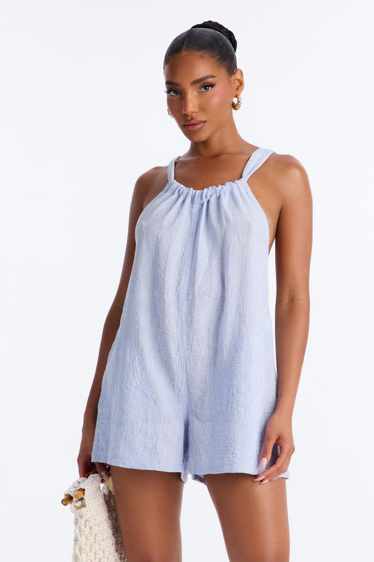 Jeanie Flowy Linen Romper - Blue Fashion Nova