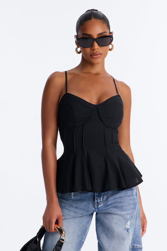 Pretty Please Peplum Linen Babydoll Top - Black