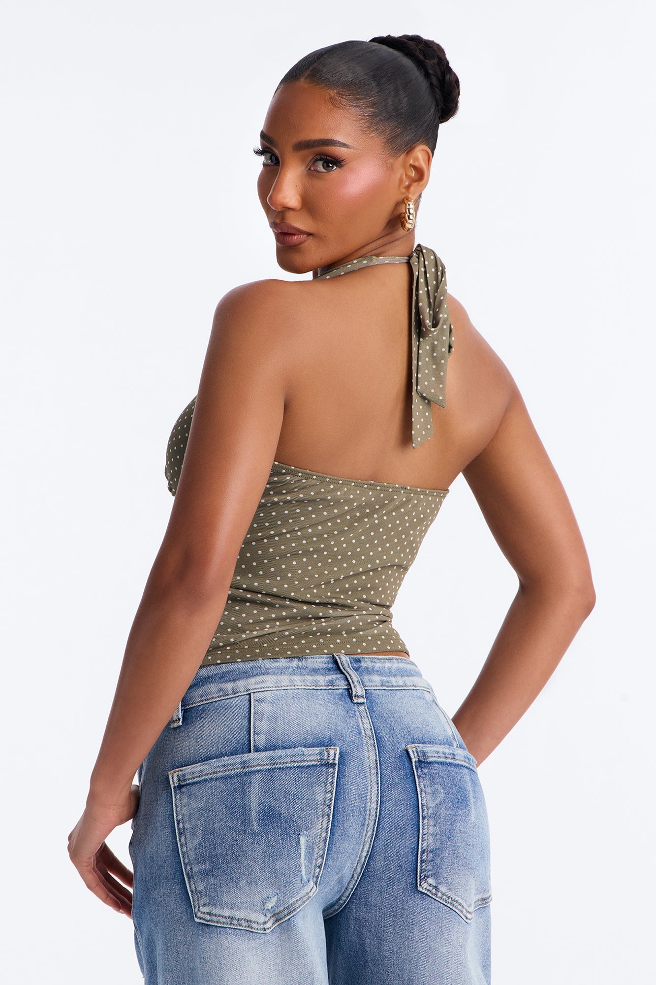 Chloe Mesh Polka Dot Halter Top - Olive/combo