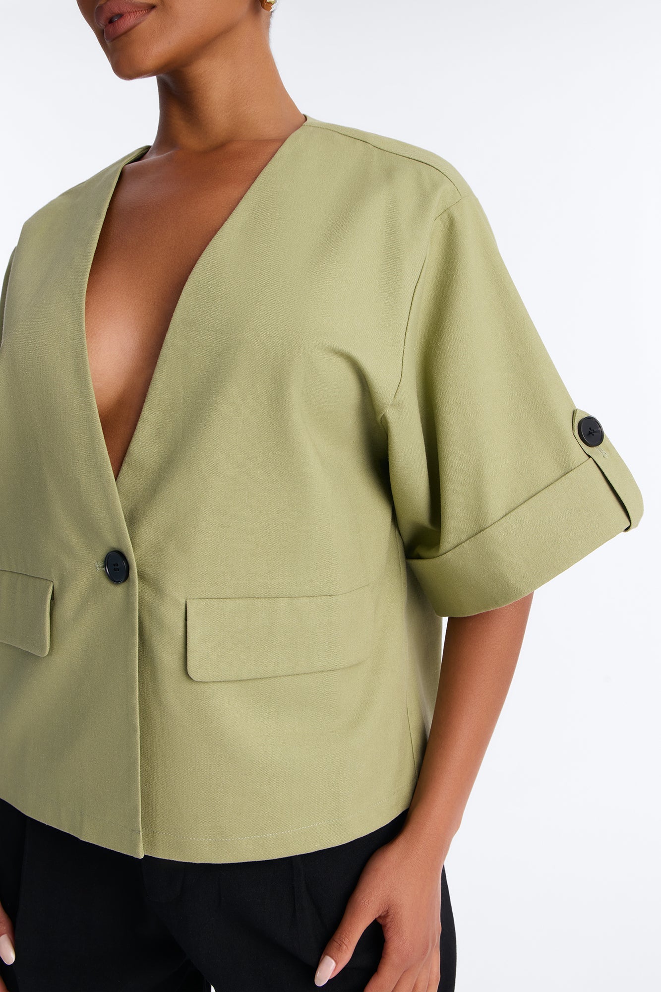 Ready When You Are Cuffed Linen Top - Olive NEWFASHIONEDGE