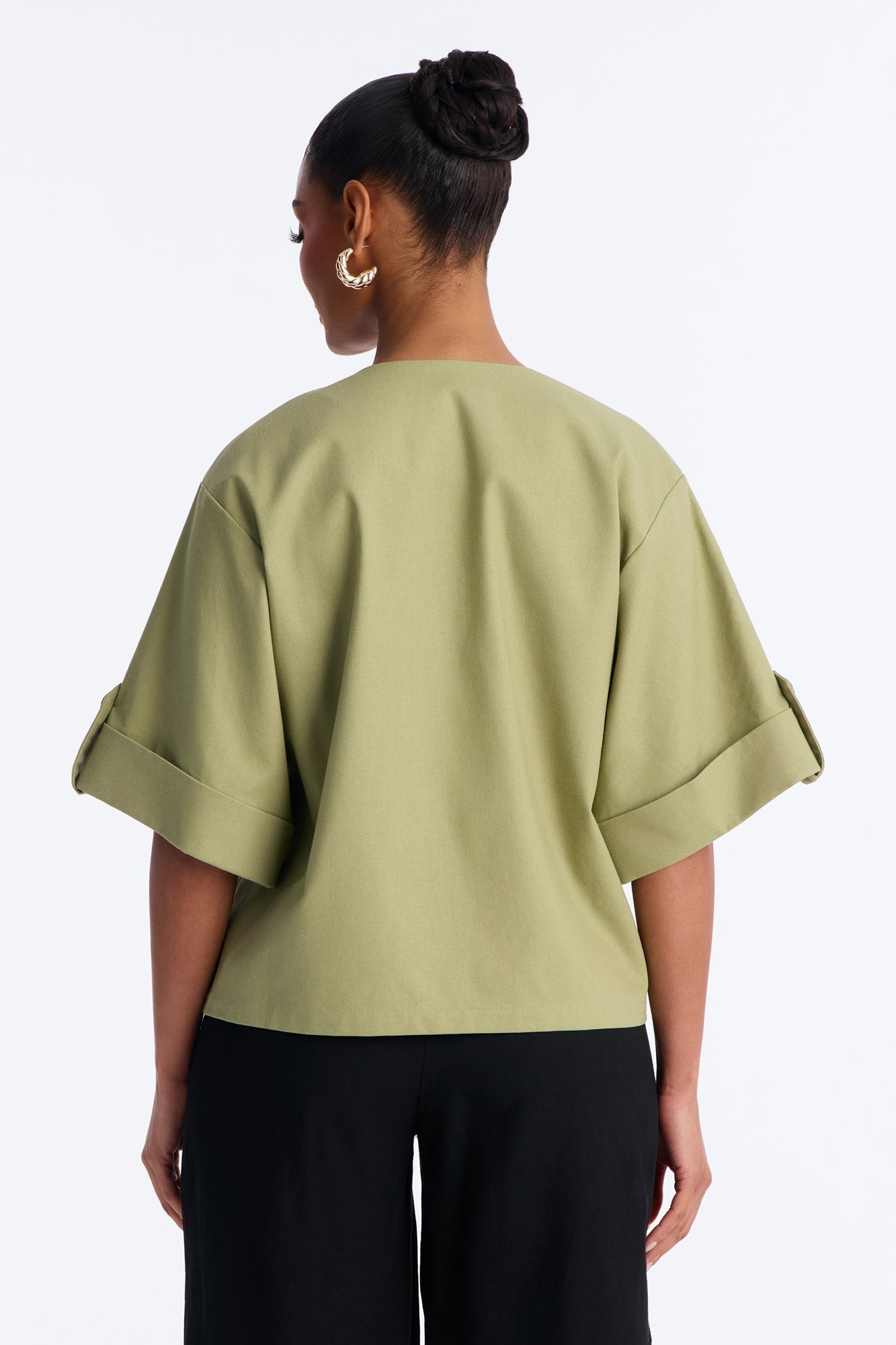 Ready When You Are Cuffed Linen Top - Olive NEWFASHIONEDGE