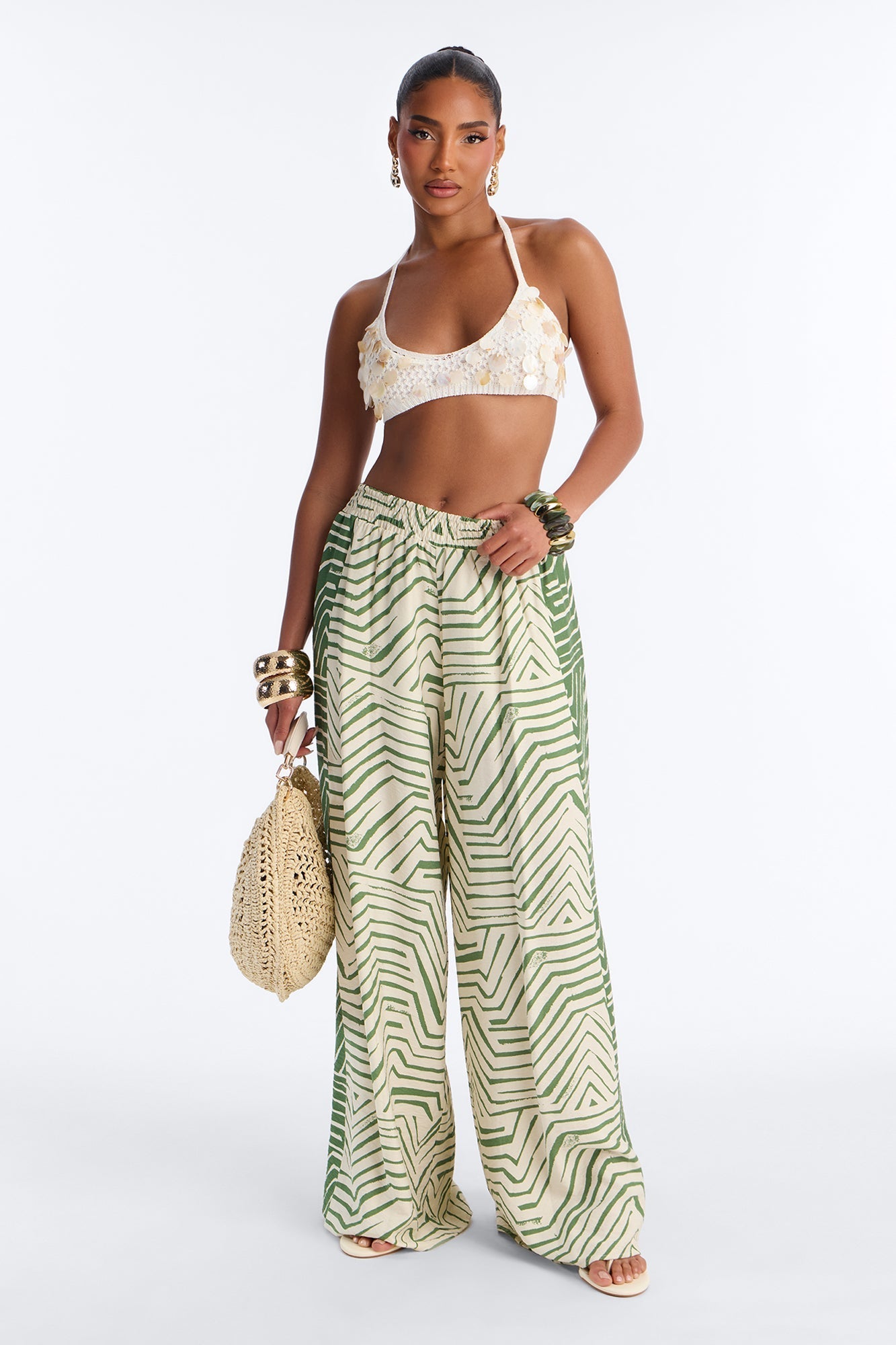 Miffy Mid Rise Smocked Wide Leg Pant - Green/combo NEWFASHIONEDGE