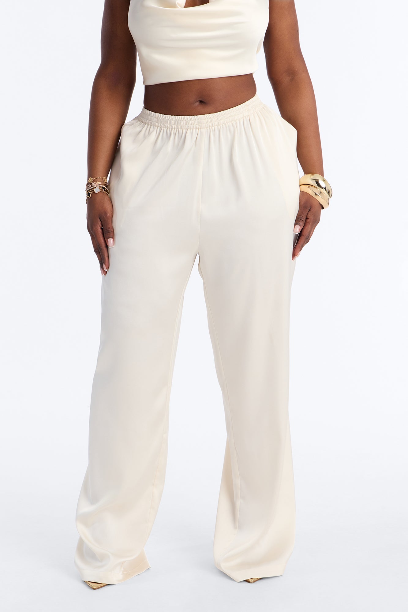 Teagan Low Rise Satin Wide Leg Pant 33″ - Ivory Fashion Nova