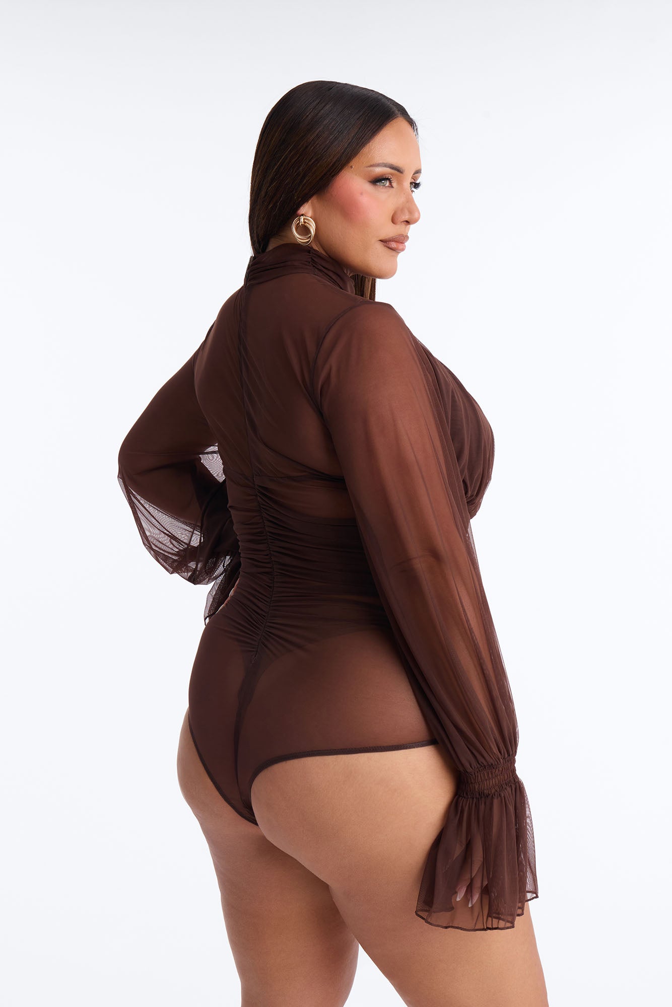 Juliet Ruched Mesh Long Sleeve Bodysuit - Brown