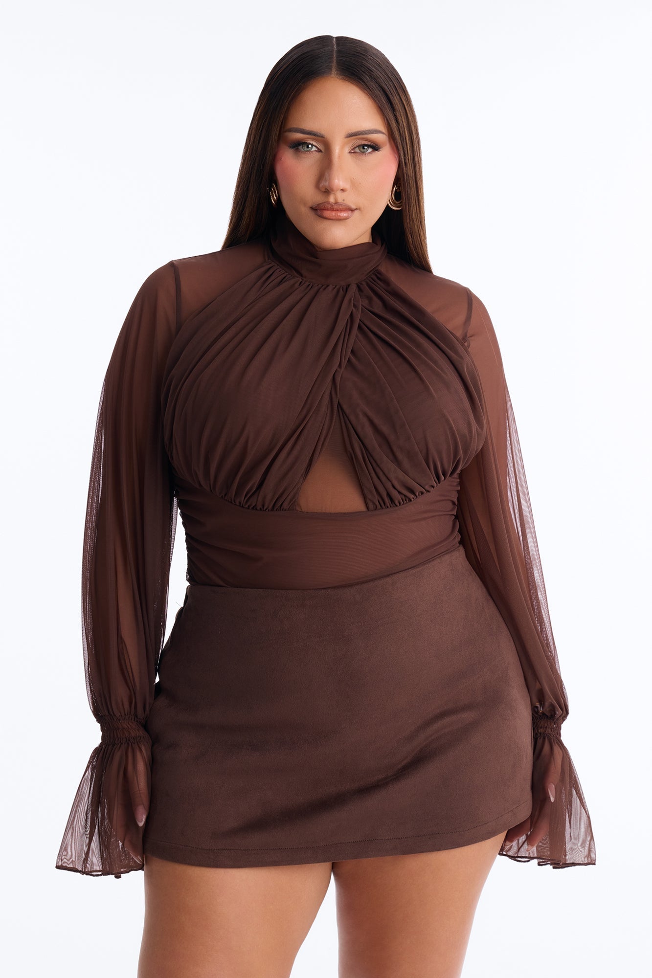Juliet Ruched Mesh Long Sleeve Bodysuit - Brown NEWFASHIONEDGE