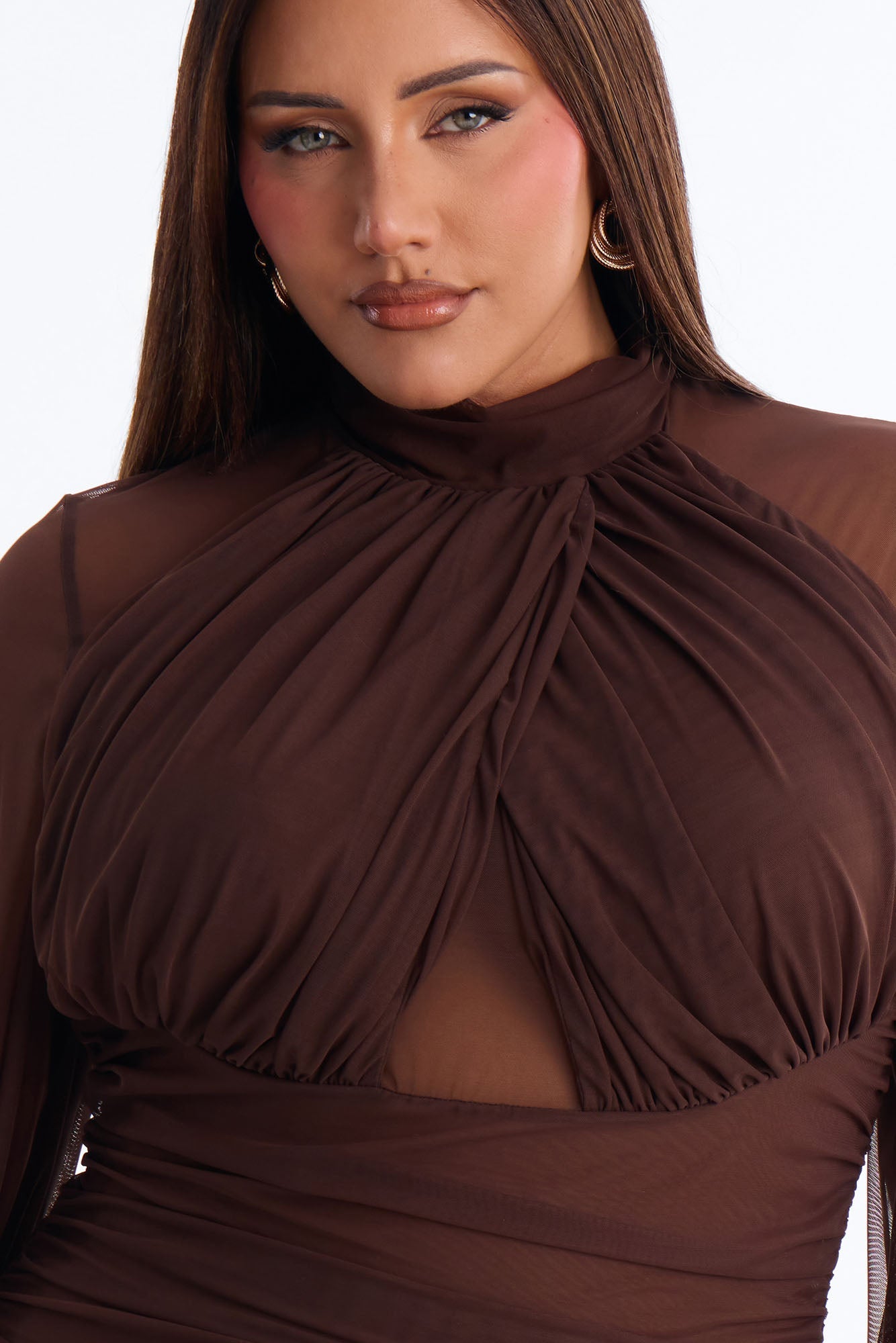 Juliet Ruched Mesh Long Sleeve Bodysuit - Brown