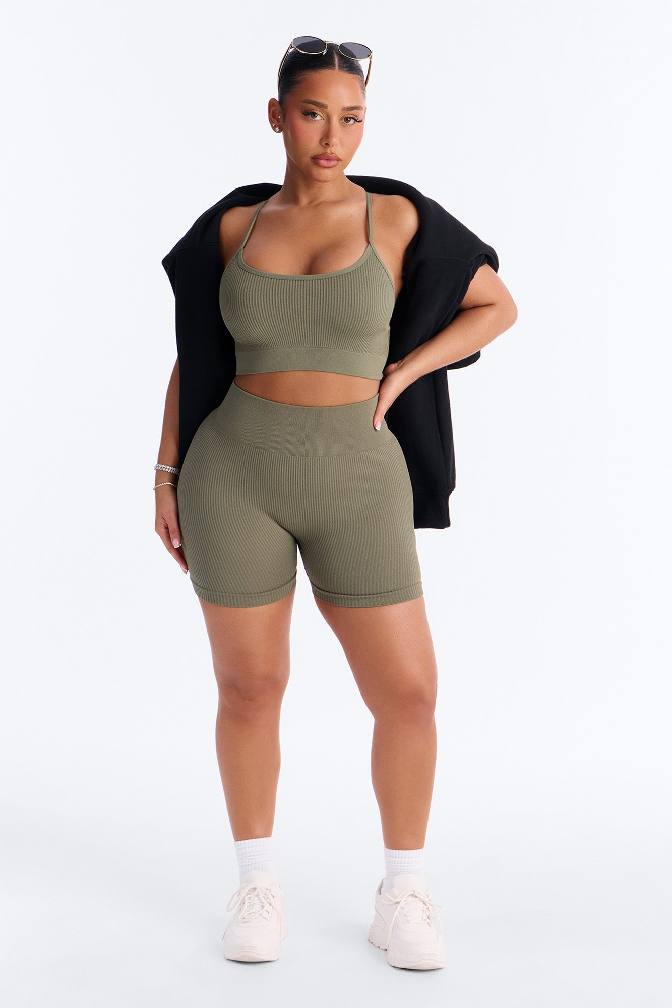 Never Settle Seamless Sports Bra Biker Short Set - Olive NEWFASHIONEDGE