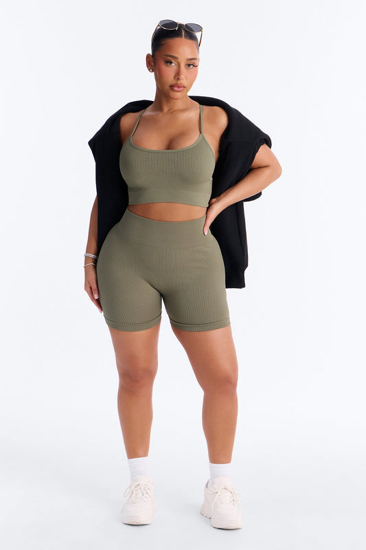 Never Settle Seamless Sports Bra Biker Short Set - Olive NEWFASHIONEDGE